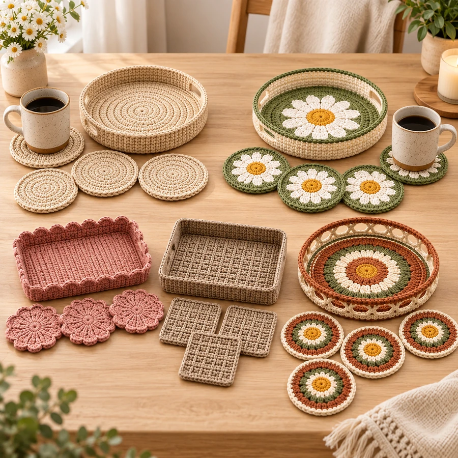 Square product preview of the Crochet Coaster Tray Set - 5 Designs digital pattern collection