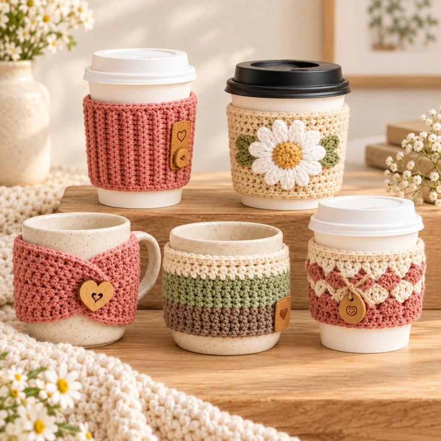 Square product preview of the Crochet Coffee Cup Cozy - 5 Designs digital pattern collection