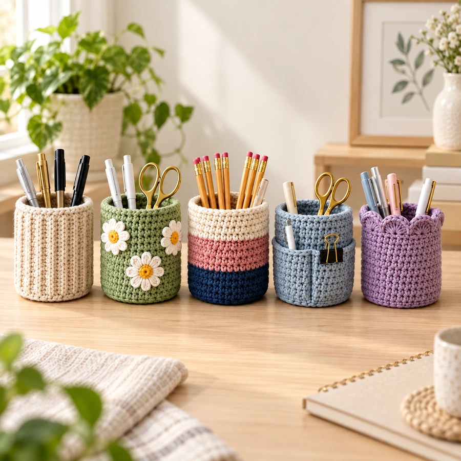 Square product preview of the Crochet Desk Organizer Cups - 5 Designs digital pattern collection