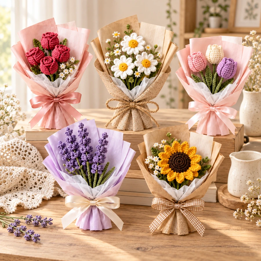 Square product preview of the Crochet Flower Bouquet Mini - 5 Designs digital pattern collection