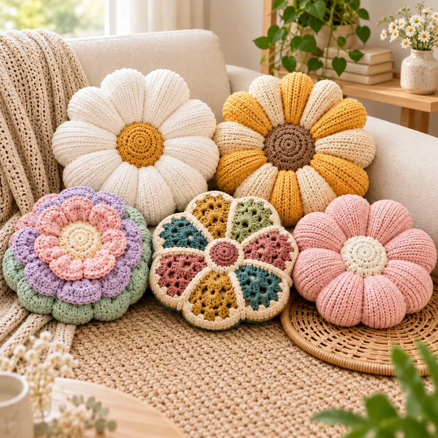Square product preview of the Crochet Flower Cushion - 5 Designs digital pattern collection