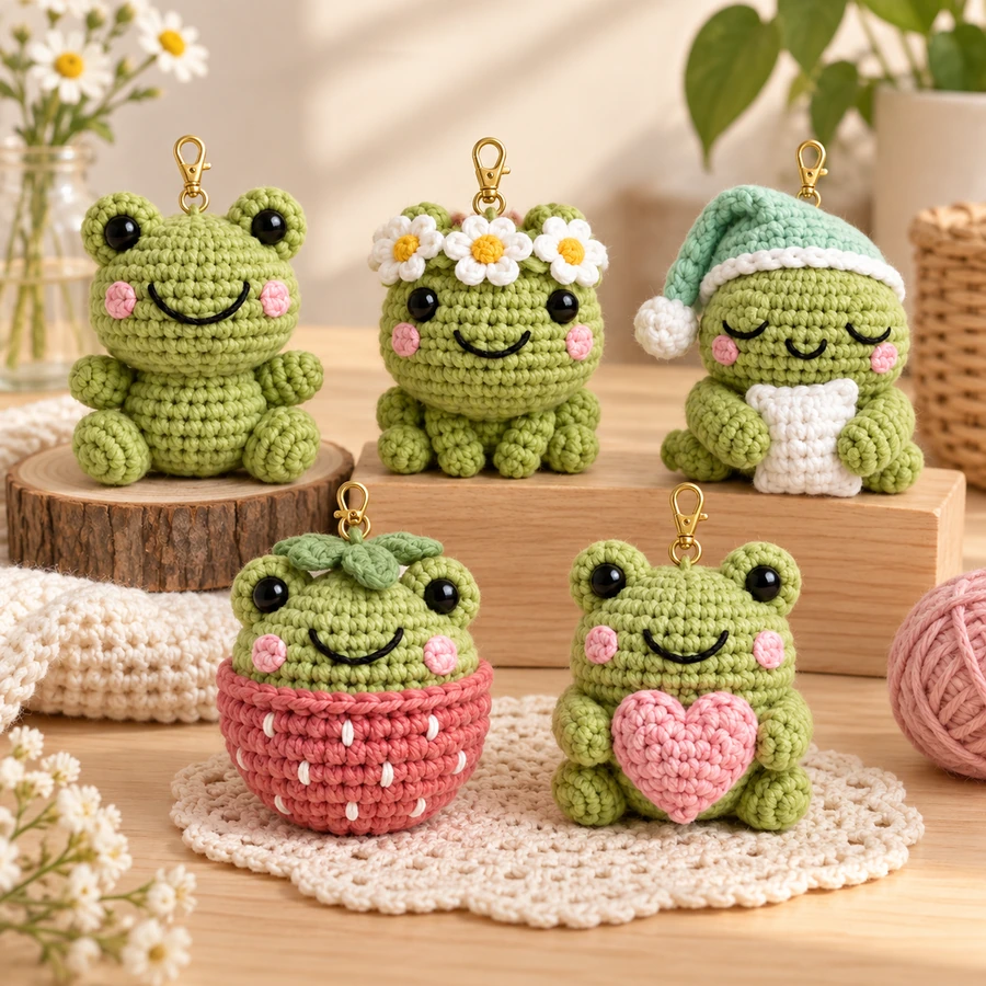 Square product preview of the Crochet Frog Charm - 5 Designs digital pattern collection