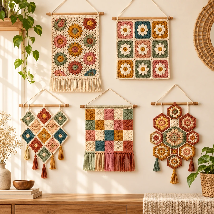 Square product preview of the Crochet Granny Square Wall Art Set - 5 Designs digital pattern collection