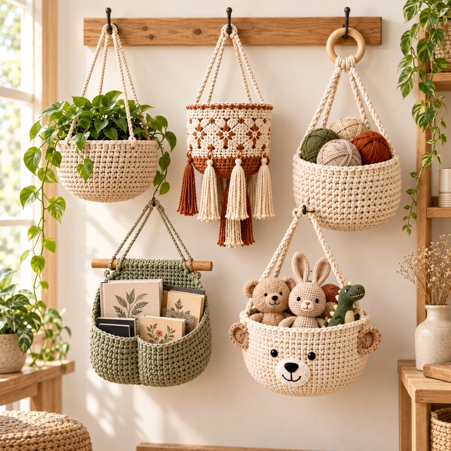 Square product preview of the Crochet Hanging Basket - 5 Designs digital pattern collection