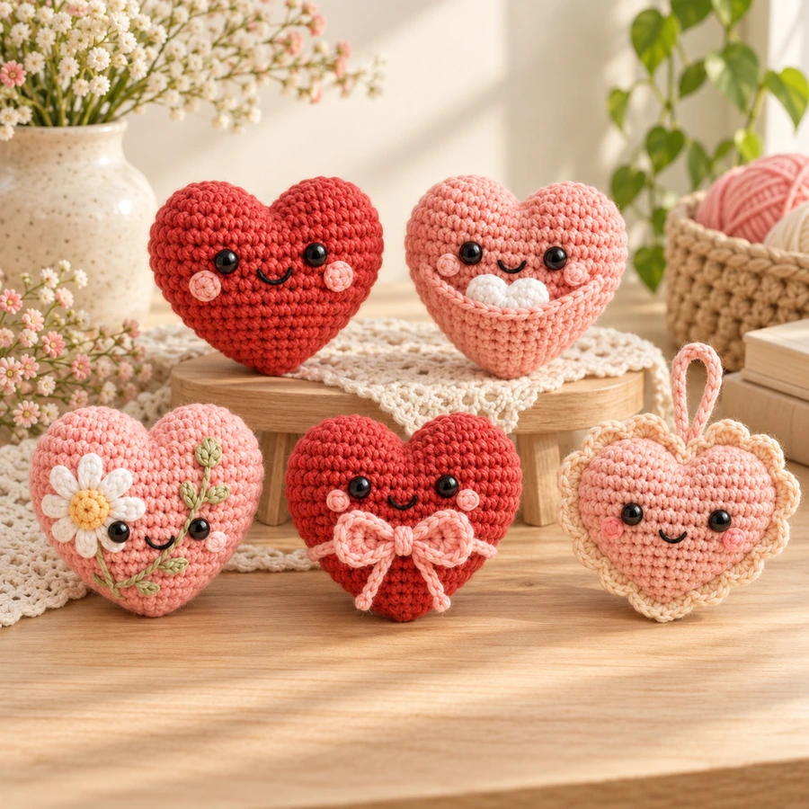 Square product preview of the Crochet Heart Plushie - 5 Designs digital pattern collection