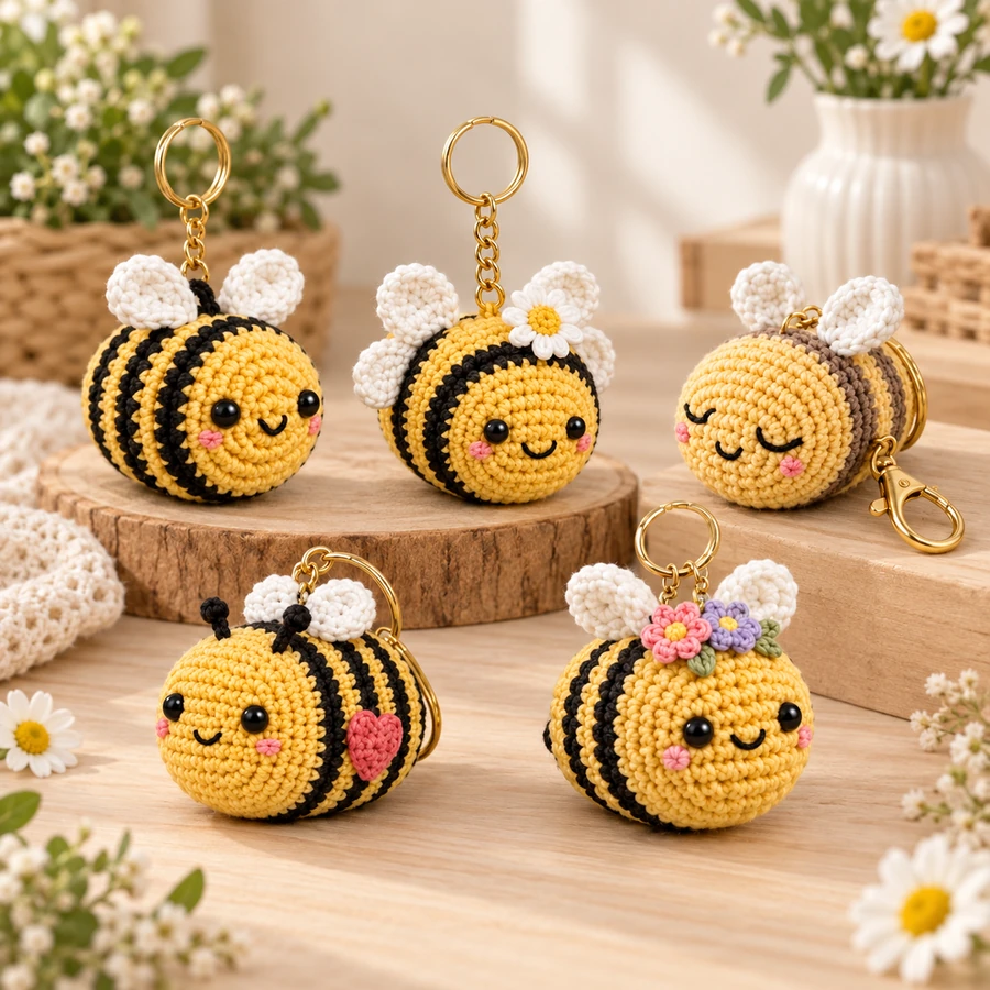 Square product preview of the Crochet Mini Bee Amigurumi Keychain digital pattern collection