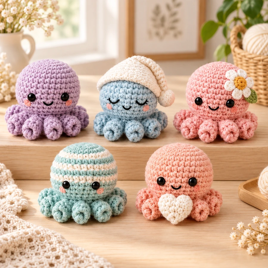 Square product preview of the Crochet Mini Octopus - 5 Designs digital pattern collection