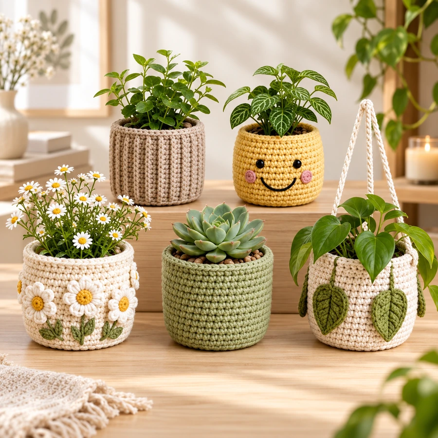 Square product preview of the Crochet Mini Plant Pot - 5 Designs digital pattern collection