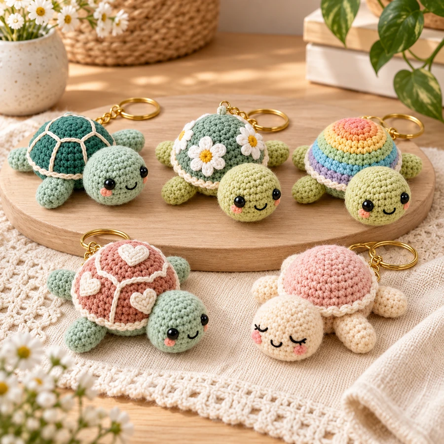 Square product preview of the Crochet Mini Turtle Keychain - 5 Designs digital pattern collection