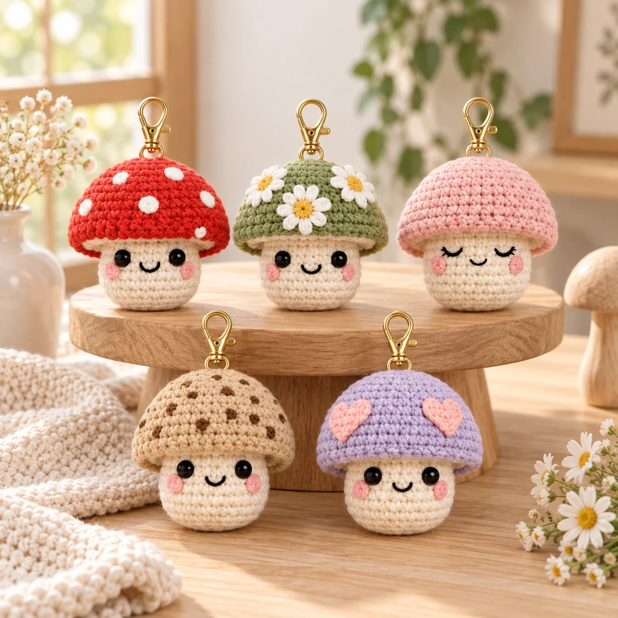 Square product preview of the Crochet Mushroom Keychain - 5 Designs digital pattern collection