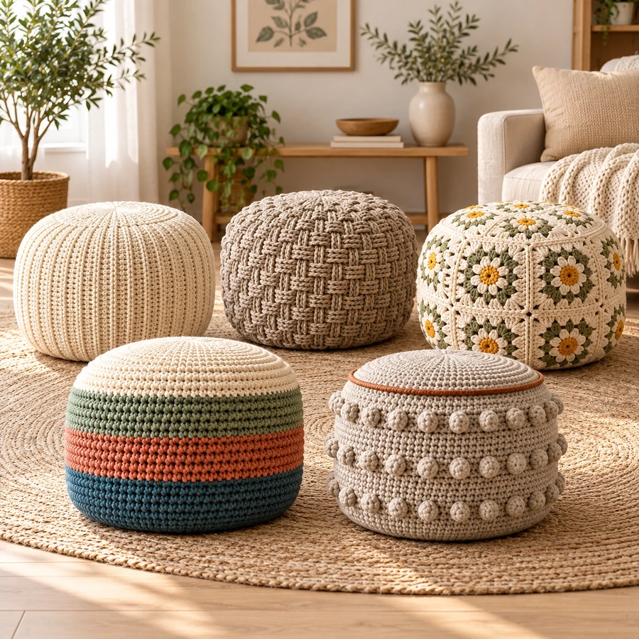 Square product preview of the Crochet Pouf Ottoman Cover - 5 Designs digital pattern collection