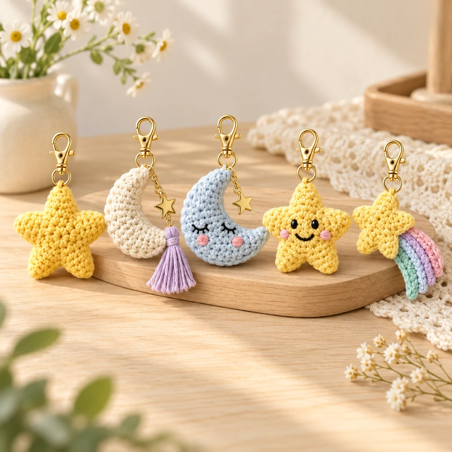 Square product preview of the Crochet Star Moon Charm Set - 5 Designs digital pattern collection