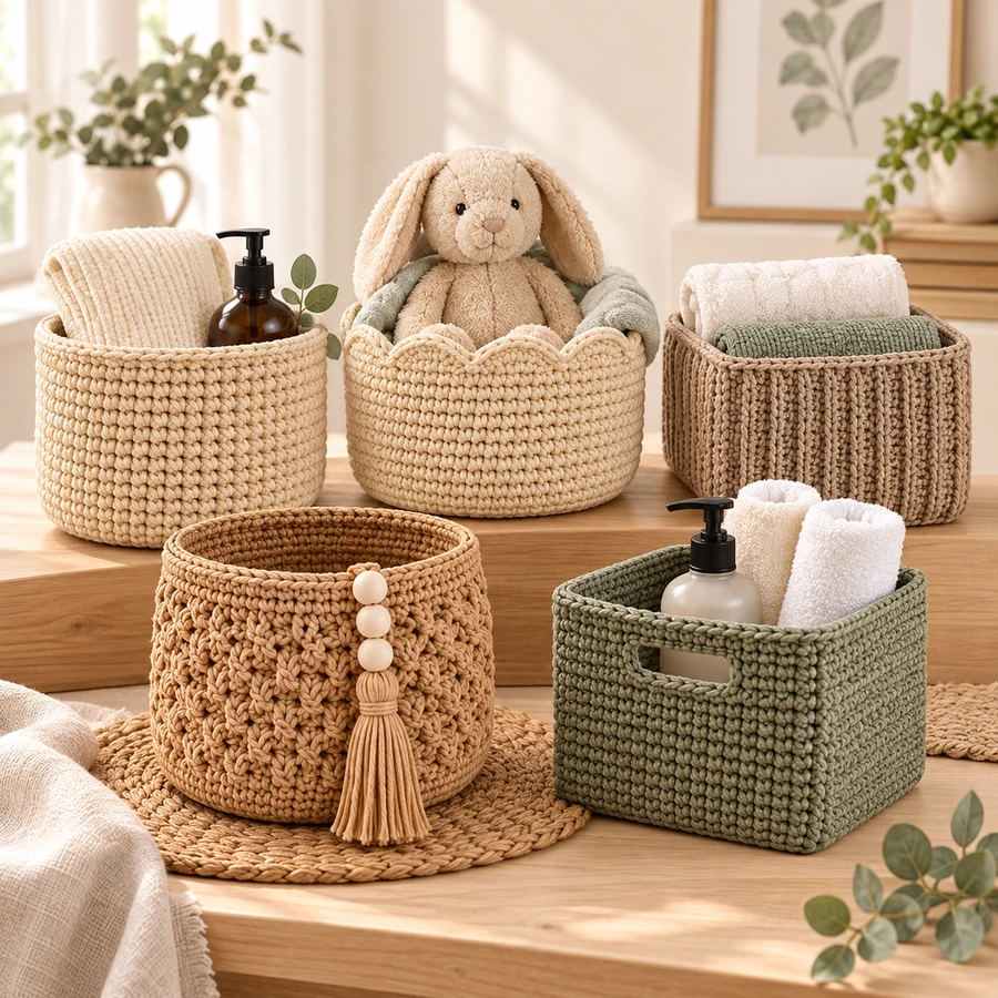 Square product preview of the Crochet Storage Basket Set - 5 Designs digital pattern collection
