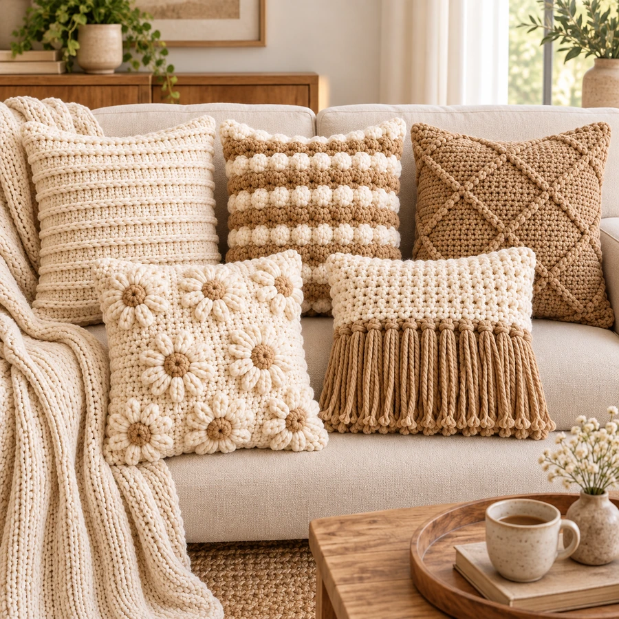 Square product preview of the Crochet Textured Boho Pillow Covers - 5 Designs digital pattern collection