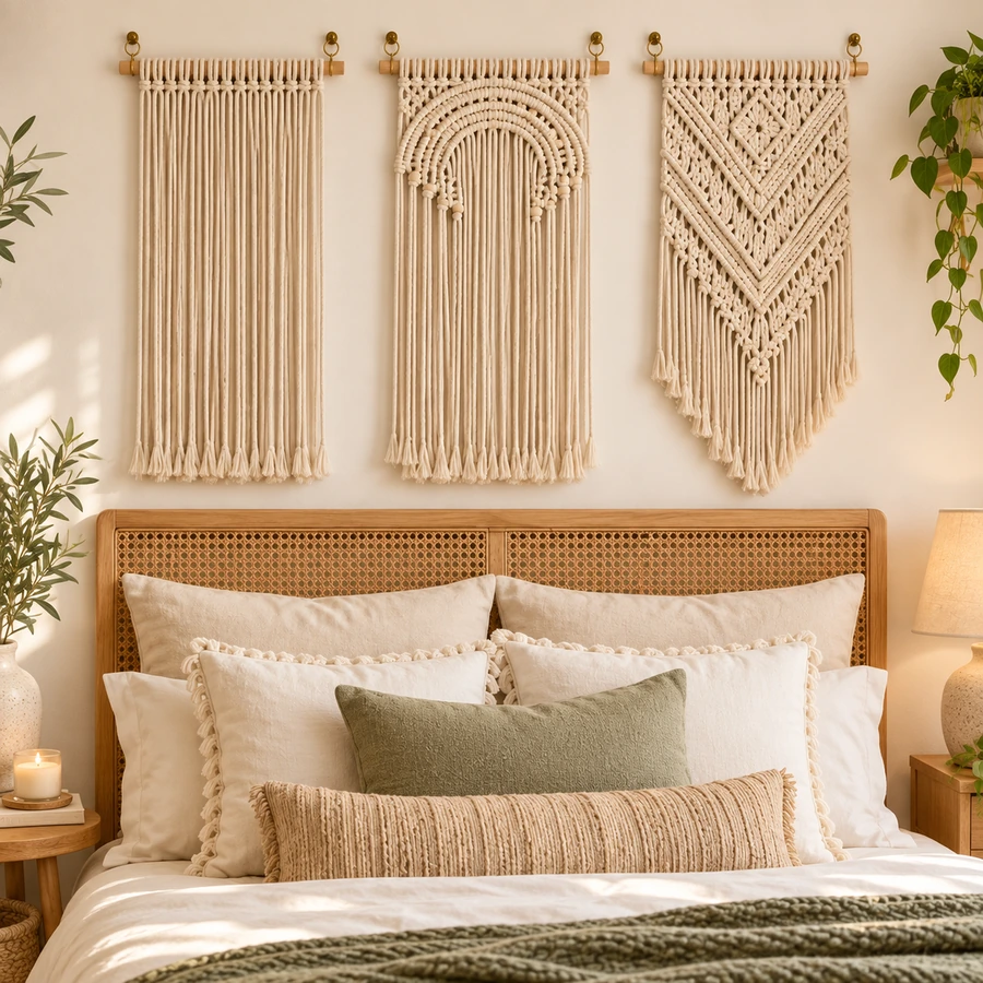 Square product preview of the Macramé Bed Headboard Panel - Trio digital pattern collection