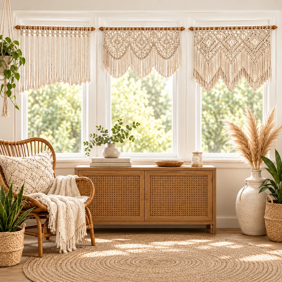 Square product preview of the Macramé Boho Window Valance - Trio digital pattern collection
