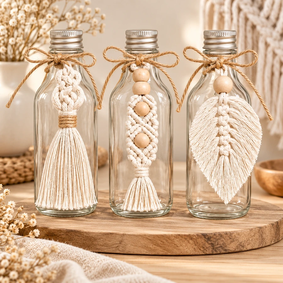 Square product preview of the Macramé Bottle Charm - Trio digital pattern collection