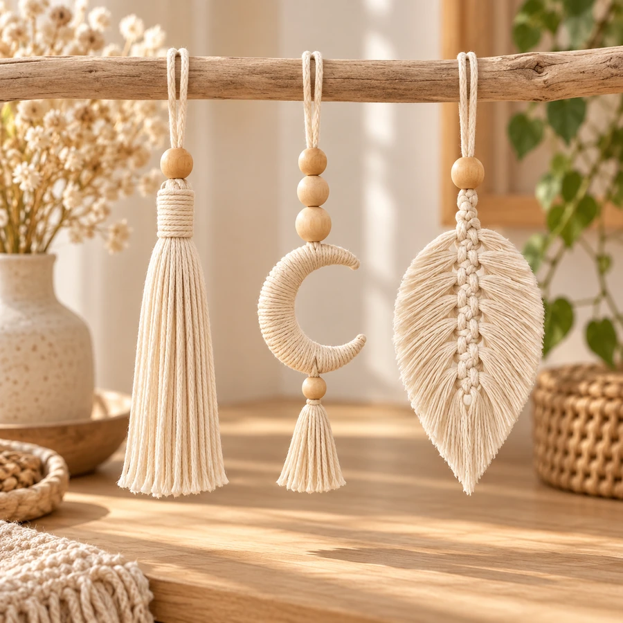 Square product preview of the Macramé Car Mirror Charm - Trio digital pattern collection