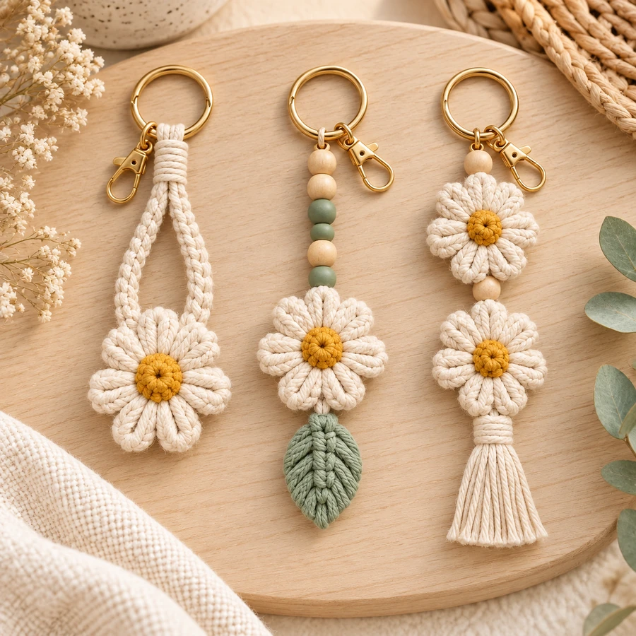 Square product preview of the Macramé Daisy Keychain - Trio digital pattern collection