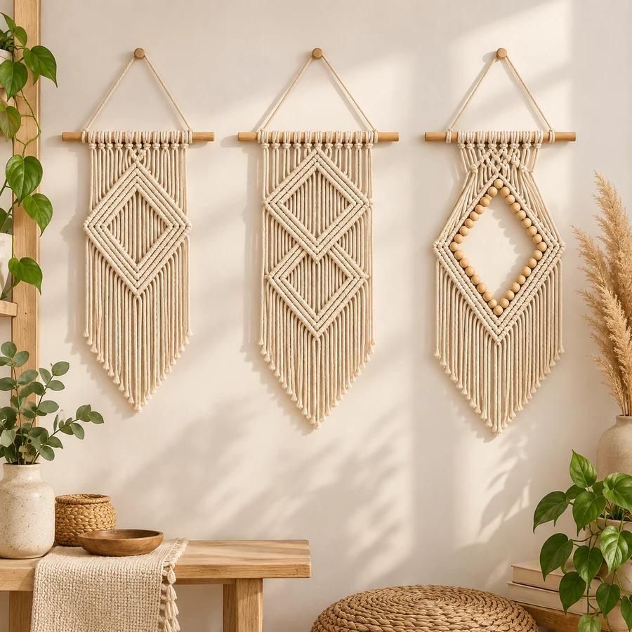 Square product preview of the Macramé Geometric Diamond Wall Art - Trio digital pattern collection