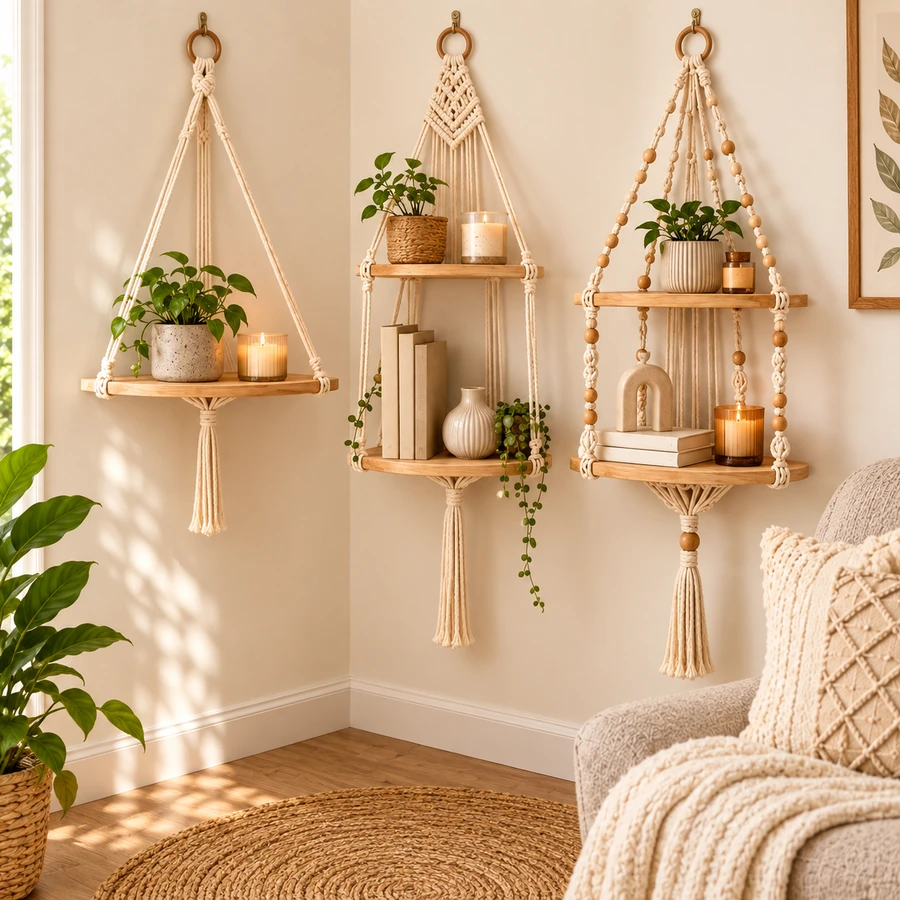 Square product preview of the Macramé Hanging Corner Shelf System - Trio digital pattern collection