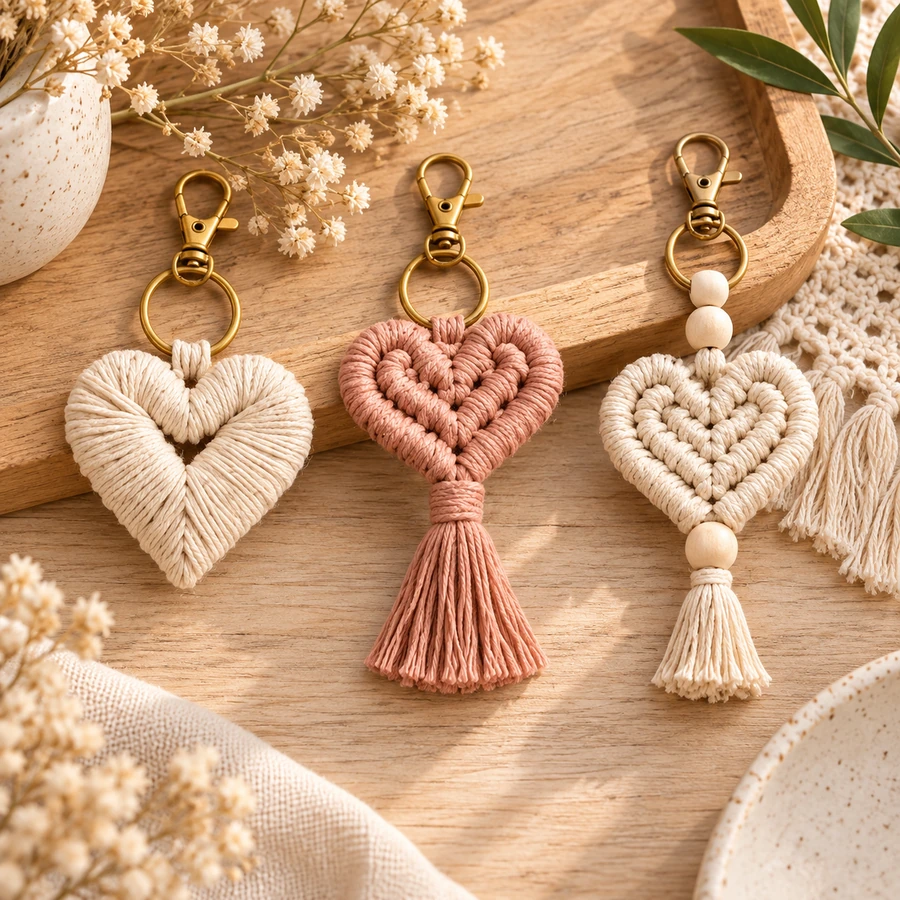 Square product preview of the Macramé Heart Keychain - Trio digital pattern collection