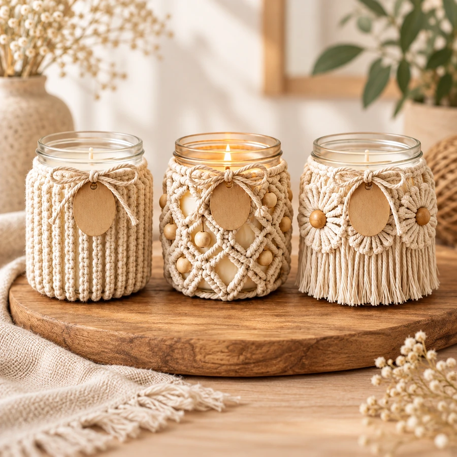 Square product preview of the Macramé Jar Wrap Favor - Trio digital pattern collection
