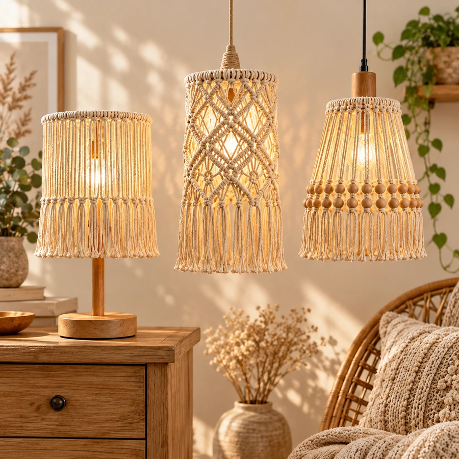 Square product preview of the Macramé Lamp Shade Cover - Trio digital pattern collection