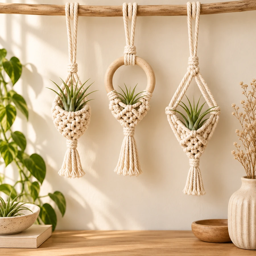 Square product preview of the Macramé Mini Air Plant Wall Pods - Trio digital pattern collection