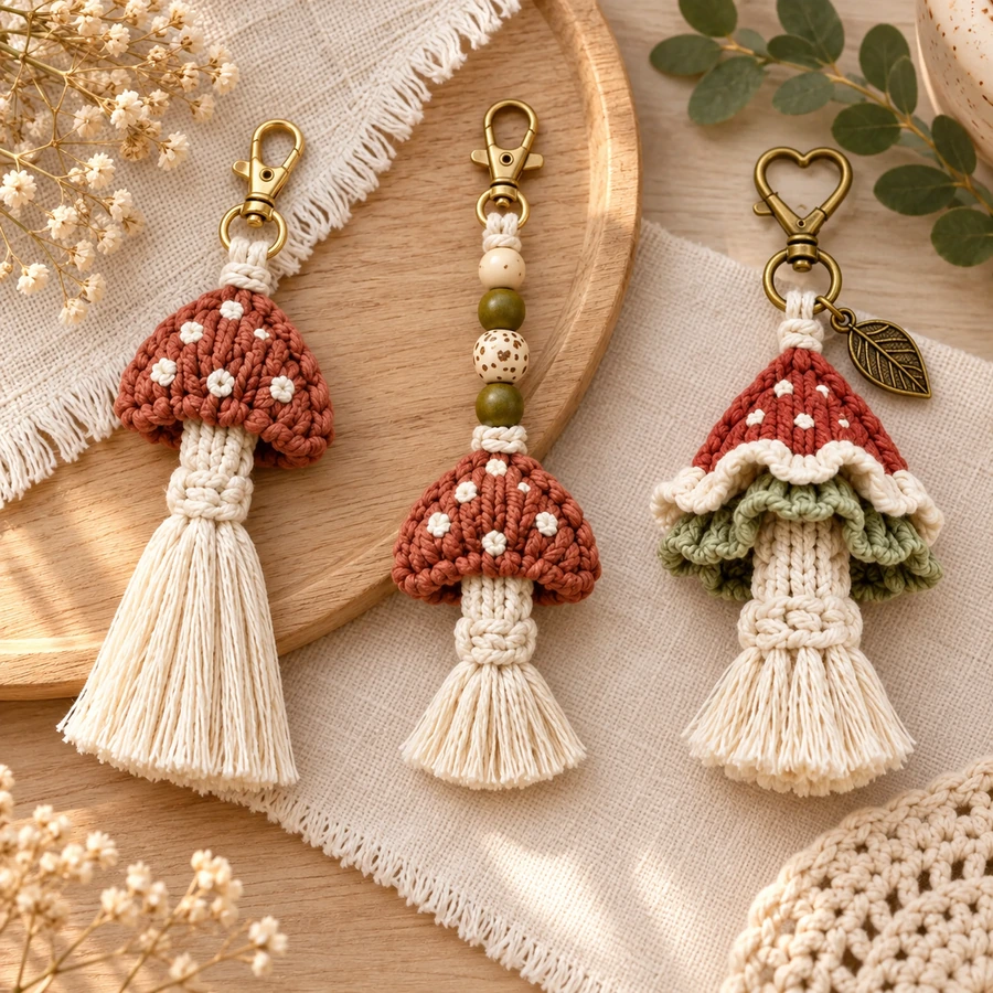 Square product preview of the Macramé Mini Mushroom Charm - Trio digital pattern collection