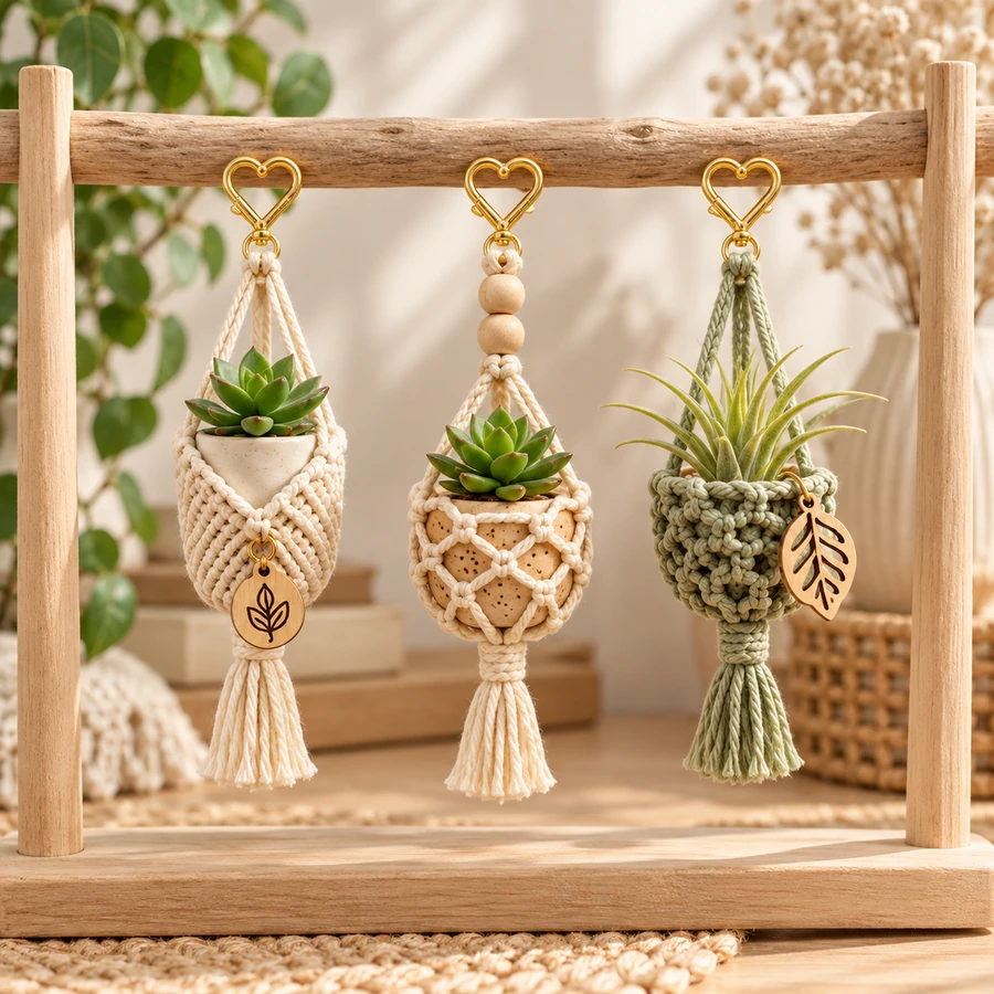 Square product preview of the Macramé Mini Plant Hanger Car Charm - Trio digital pattern collection