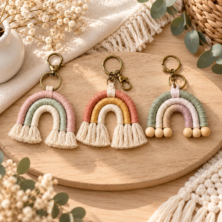 Square product preview of the Macramé Mini Rainbow Keychain - Trio digital pattern collection