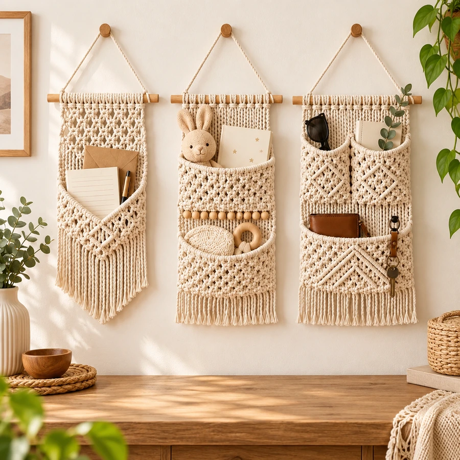 Square product preview of the Macramé Wall Pocket Organizer - Trio digital pattern collection